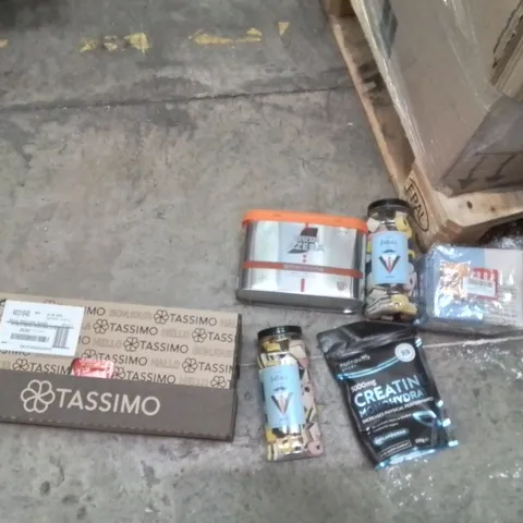 PALLET CONTAINING A LARGE QUANTITY OF ASSORTED FOOD PRODUCTS AND LIQUID BASE ITEMS TO INCLUDE;TASSIMO COFFEE PODS,NESCAFE AZERA,CREATINE,BISCUITS,TEABAGS