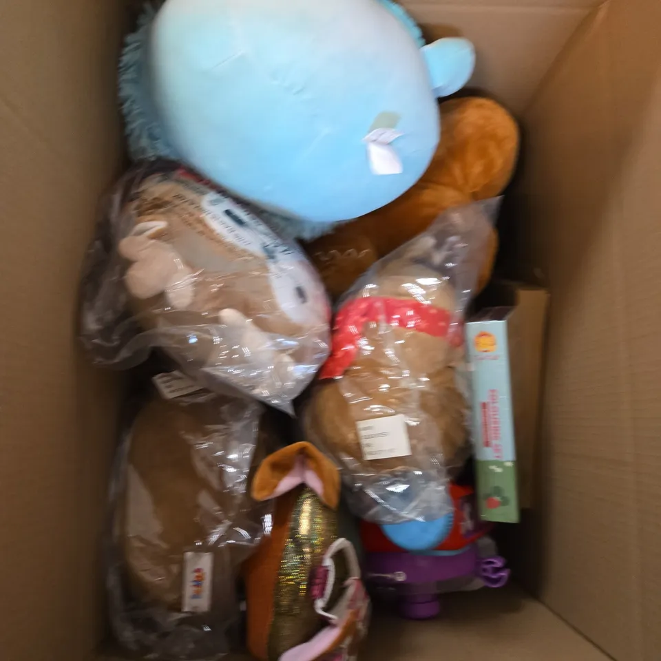 LARGE QUANTITY OF ASSORTED TOYS AND GAMES TO INCLUDE - TEDDY'S, COLORING SET AND MONEY GUN