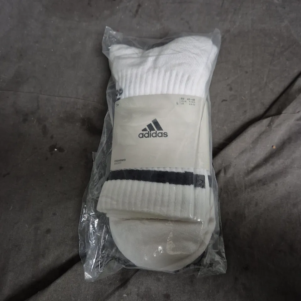 3 PAIRS OF ADIDAS CUSHIONED SOCKS – WHITE – UK 8.5-10 (EU 43-45; US M 9-10.5)