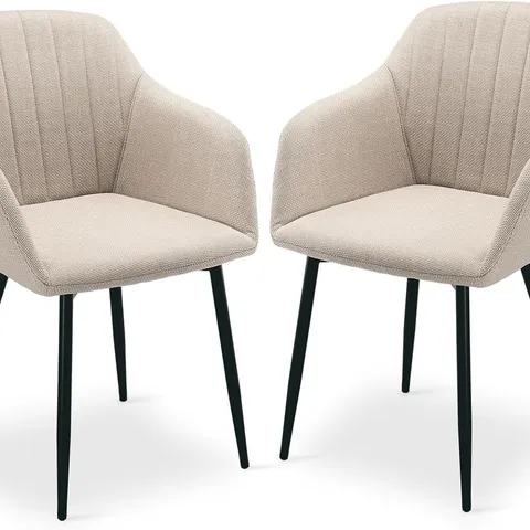 BOXED PAIR OF MODERN DINING CHAIRS WITH ARMRESTS SET OF 2 UPHOLSTERED CHAIRS FOR DINING ROOM, KITCHEN, LIVING ROOM, ERGONOMIC WITH CONTOURED BACKREST AND METAL LEGS BEIGE