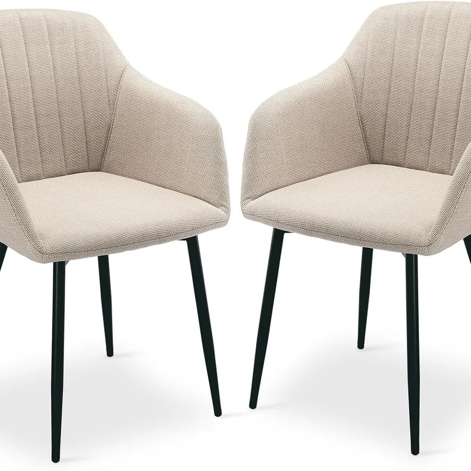 BOXED PAIR OF MODERN DINING CHAIRS WITH ARMRESTS SET OF 2 UPHOLSTERED CHAIRS FOR DINING ROOM, KITCHEN, LIVING ROOM, ERGONOMIC WITH CONTOURED BACKREST AND METAL LEGS BEIGE