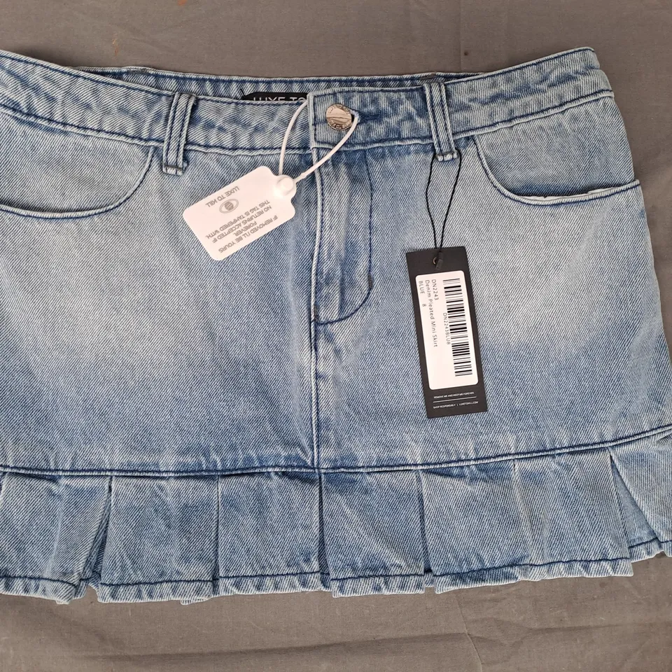 LUXE TO KILL DENIM PLEATED MINI SKIRT IN BLUE UK SIZE 8