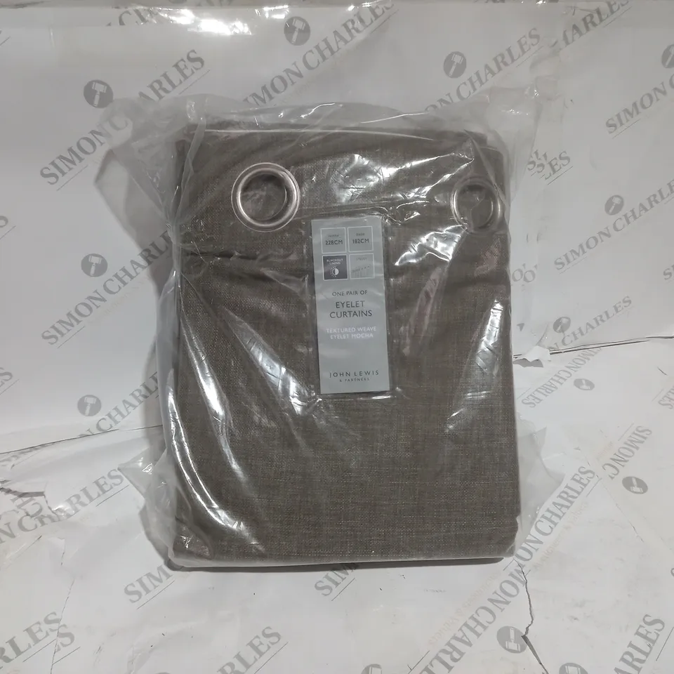 ONE PAIR OF EYELET CURTAINS - TEXTURED WEAVE EYELET MOCHA 228CM/182CM 
