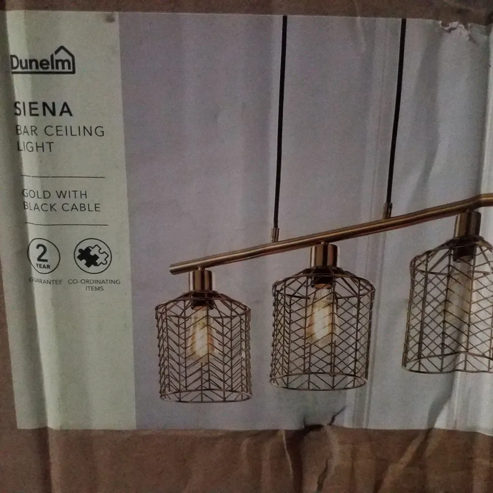 BOXED DUNELM SIENA BAR CEILING LIGHT - GOLD WITH BLACK CABLE