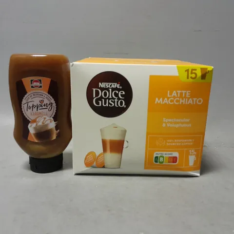 TOTE OF APPROXIMATELY 7 ASSORTED FOOD ITEMS TO INCLUDE - NESCAFE DOLCE GUSTO LATTE MACCHIATO , TOPPING KARAMELL