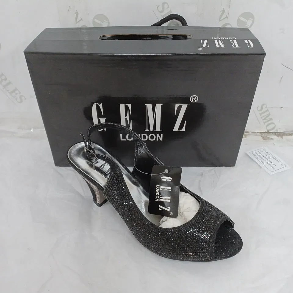 LARGE BOX OF APPROXIMATELY 10 BOXED GEMZ LONDON BLACK JEWELLED OPEN TOE HEEL IN VARIOUS SIZES 