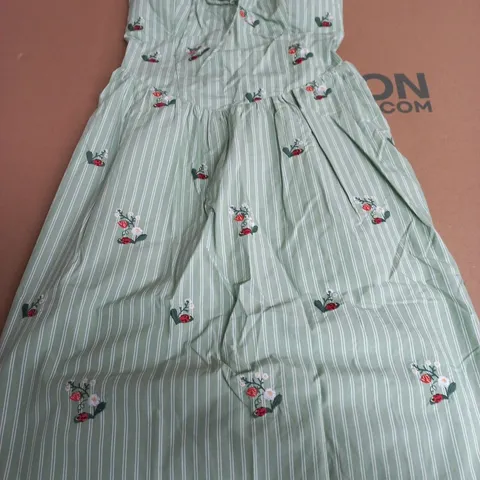 GIRLS' GREEN STRIPE DRESS WITH FLORAL EMBROIDERY – SIZE SMALL (UK)