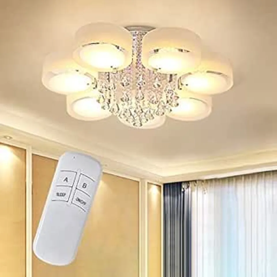 BOXED MODERN CEILING LIGHT, COLOUR CHANGING CHANDELIER WITH CRYSTAL RAINDROP FLUSH MOUNT (1 BOX)