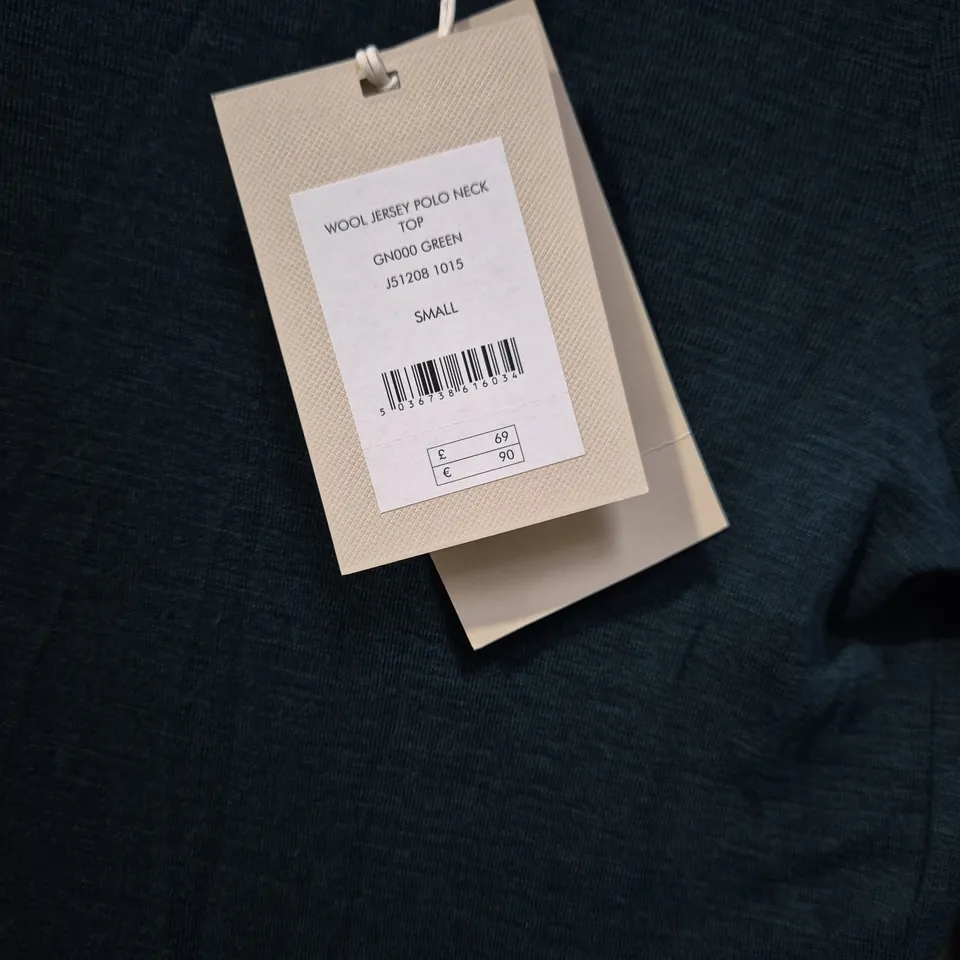 WOOL JERSEY POLO NECK TOP – GREEN, SIZE SMALL