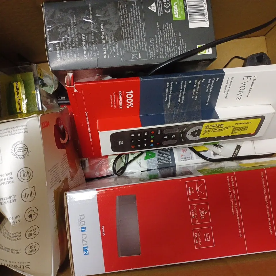 APPROXIMATELY 10 ASSORTED TECH PRODUCTS TO INCLUDE GAMING HEADSET, JUICE BOOM PRO BLUETOOTH SPEAKER, HDTV INDOOR AERIAL 