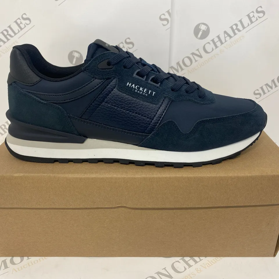 BOXED PAIR OF HACKETT NAVY TRAINERS SIZE 9