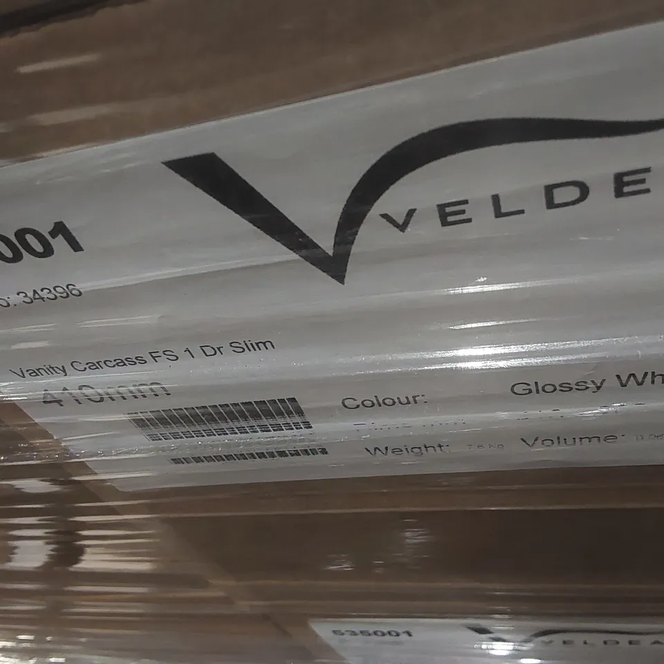 PALLET CONTAINING A LARGE QUANTITY OF ASSORTED BATHROOM FURNITURE PARTS INCLUDING: VELDEAU VANITY CARCASSES ECT