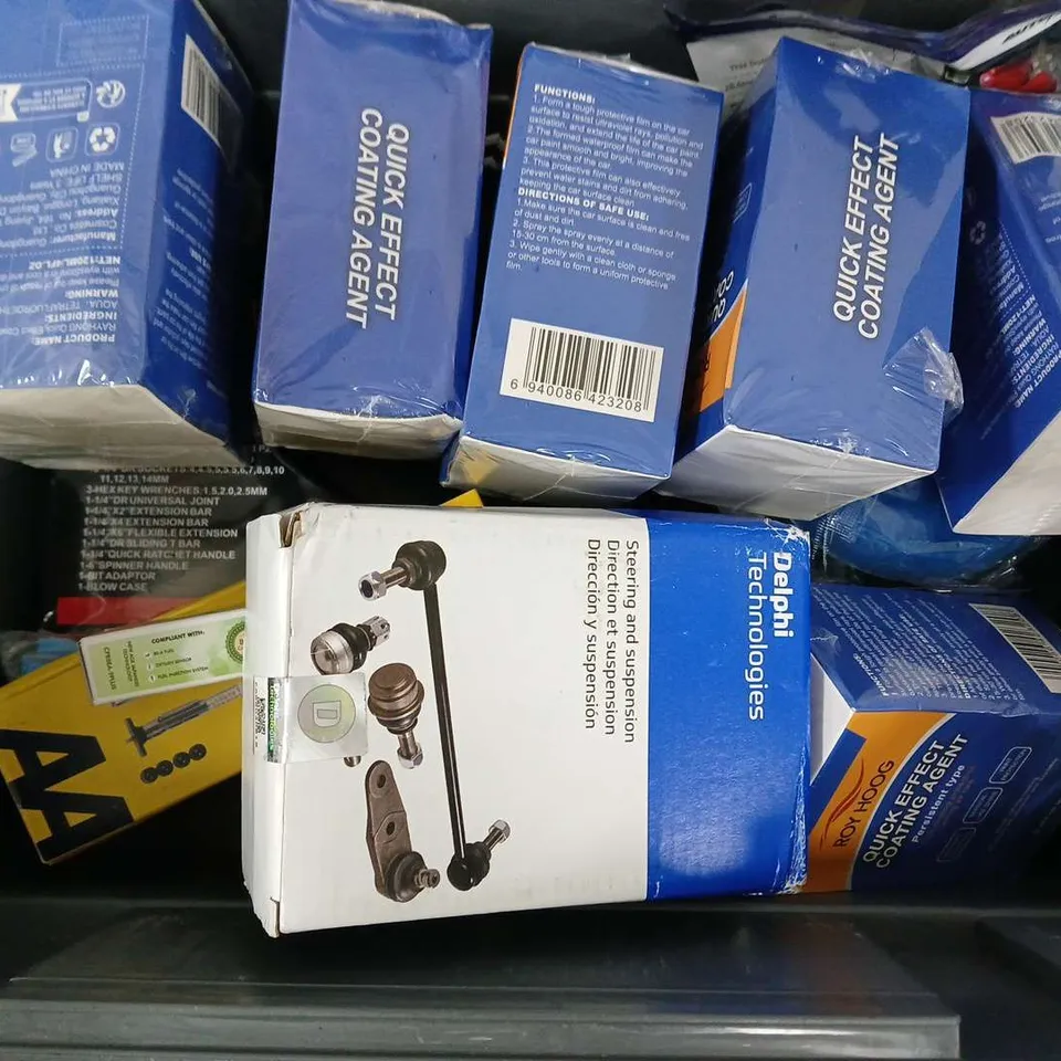 APPROXIMATELY 10 ASSORTED VEHICLE PARTS & ACCESORIES TO INCLUDE DELPHI TECHNOLOGIES STEERING AND SUSPENSION, NGK TWHO WHEEL IMMUNITY BOOSTER, TYRE SAFETY KIT, ETC