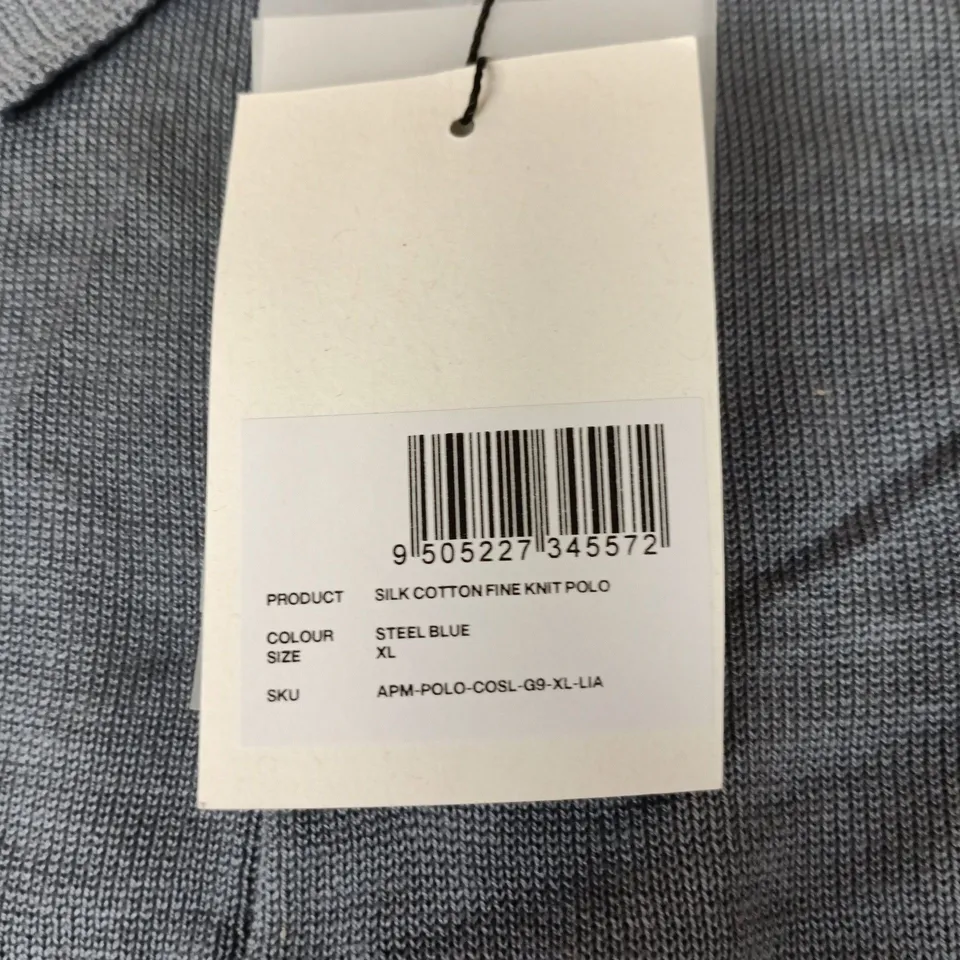 RISE & FALL SILK COTTON FINE KNIT POLO SHIRT – STEEL BLUE, XL