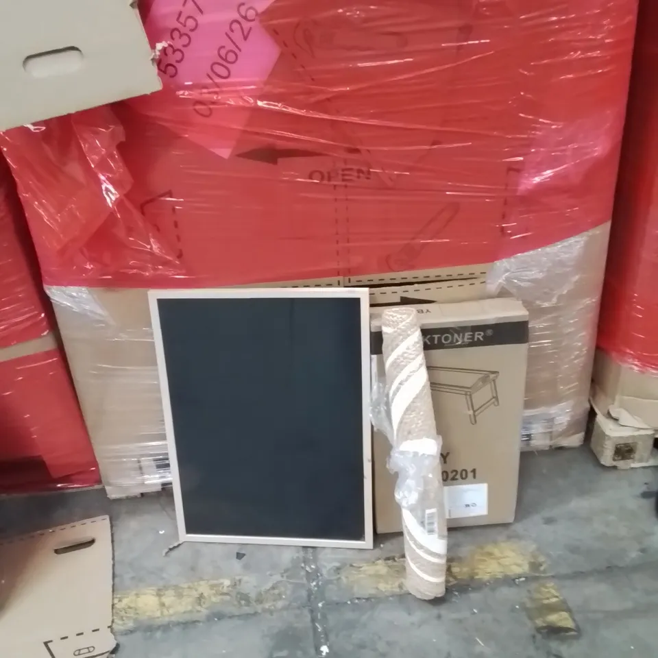 PALLET OF ASSORTED HOUSEHOLD GOODS AND PRODUCTS TO INCLUDE;AREA RUG,PICTURE FRAME,DINNER TRAY 
