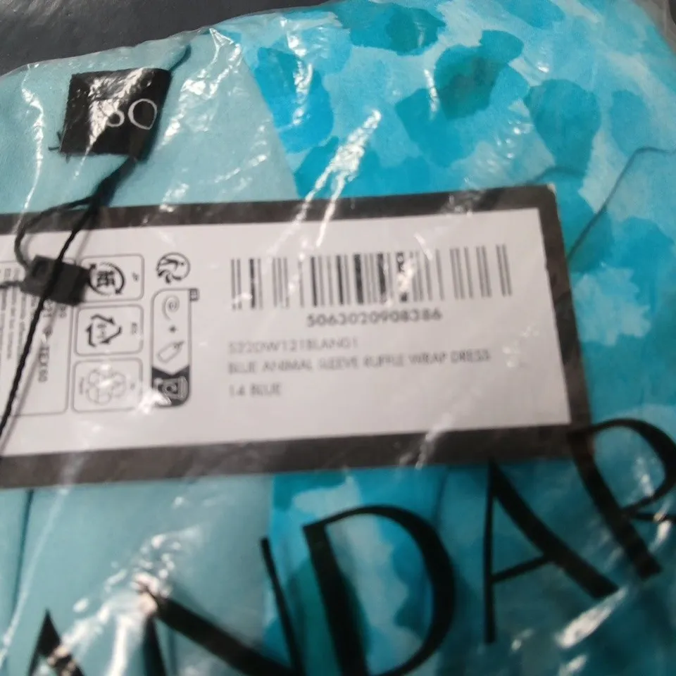 SOSANDAR BLUE ANIMAL SLEEVE RUFFLE WRAP DRESS - SIZE 14