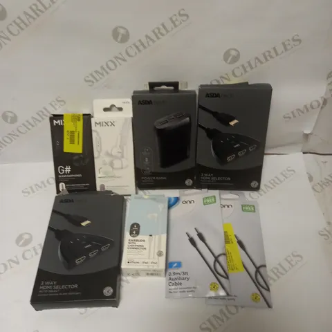 BOX OF APPROXIMATELY 20 ASSORTED ELECTRICAL PRODUCTS TO INCLUDE HDMI SPLITTER, AUX CABLES, IN EAR HEADPHONES ETC