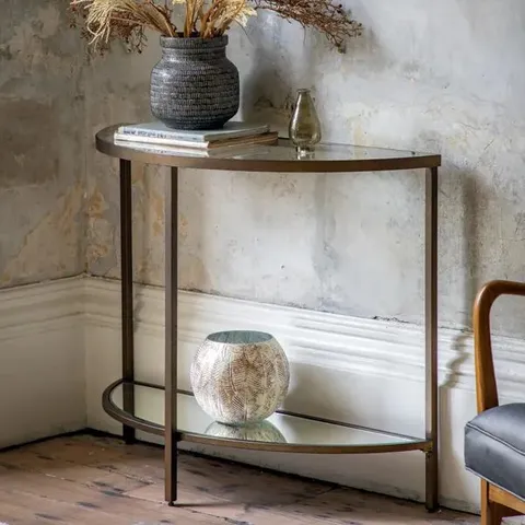 BOXED GALLERY DIRECT THURLOW CONSOLE TABLE - BRONZE/GLASS (1 BOX)