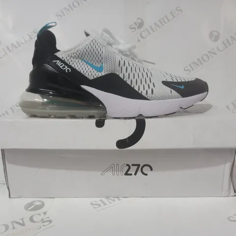 BOXED PAIR OF NIKE AIR MAX 270 SHOES IN WHITE/BLACK/BLUE UK SIZE 4.5