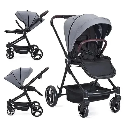 BOXED GARVEE 3 IN 1 FOLDABLE BABY STROLLER WITH REVERSIBLE SEAT & LIE-FLAT POSITION, MOSQUITO NET, RAIN COVER, FOOTMUFF, 4 WHEELS, STORAGE BASKET - GREY
