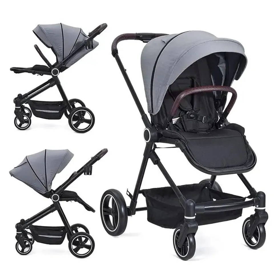 BOXED GARVEE 3 IN 1 FOLDABLE BABY STROLLER WITH REVERSIBLE SEAT & LIE-FLAT POSITION, MOSQUITO NET, RAIN COVER, FOOTMUFF, 4 WHEELS, STORAGE BASKET - GREY