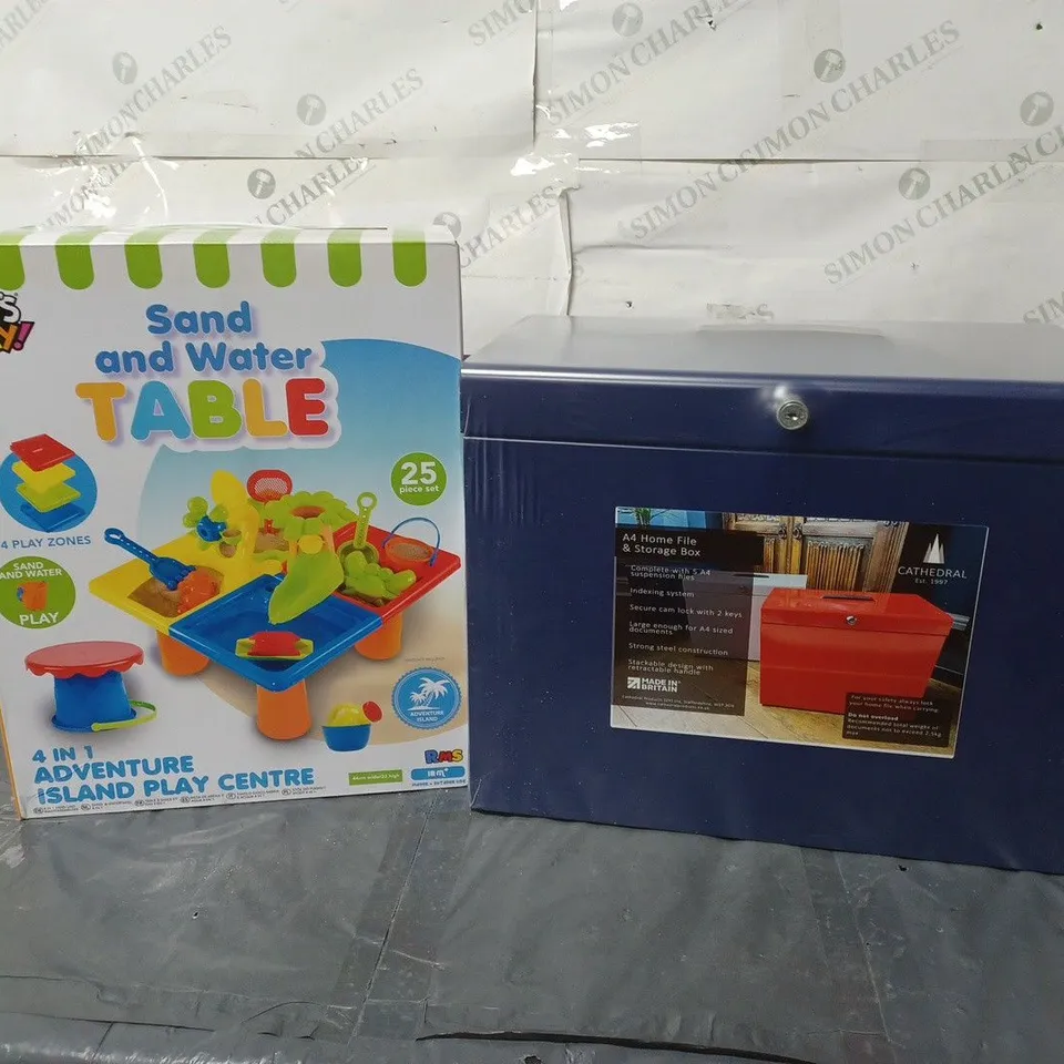 APPROXIMATELY 10 HOUSEHOLD ITEMS TO INCLUDE A METAL STORAGE BOX AND A CHILD'S PLAY SAND TABLE