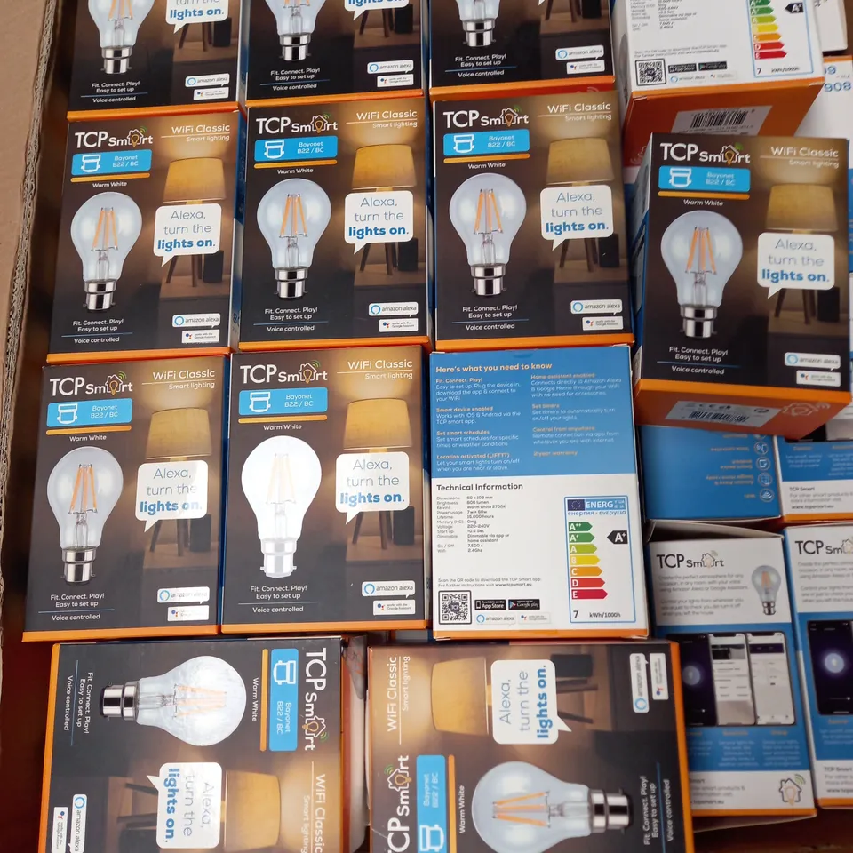 BOX OF ASSORTED TCP SMART WI FI 7W CLASSIC FILAMENT LED LIGHT BULB BC/B22 FITTING (WARM WHITE)