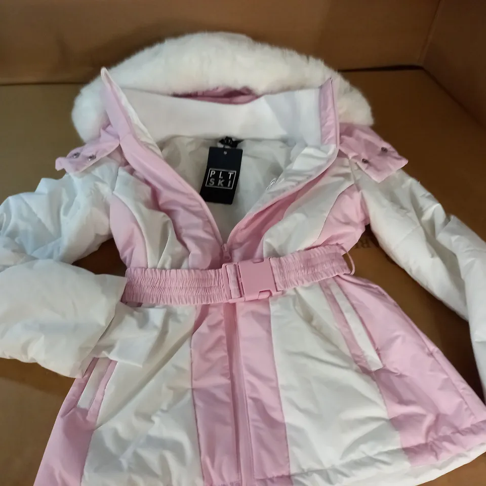 PRETTYLITTLETHING SKI PINK FAUX FUR HOODED COAT IN WHITE/PINK - UK 10