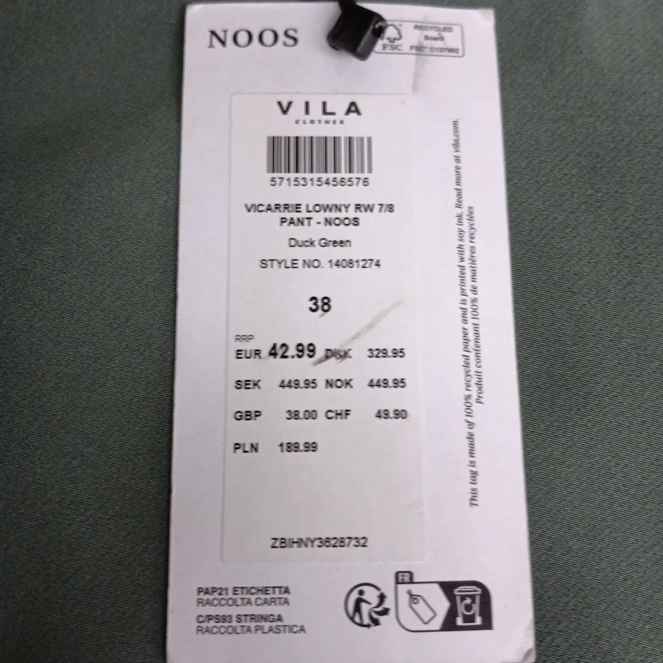 VILA WOMEN'S 7/8 PANT – DUCK GREEN, EU 38 (VICARRIE LOWNY RW 7/8 PANT)