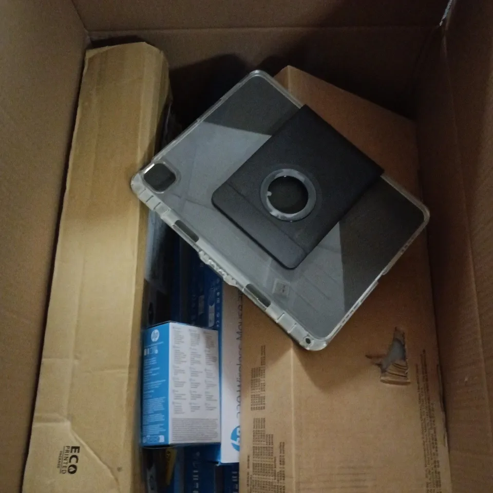 BOX OF APPROXIMATELY 15 ASSORTED ITEMS TO INCLUDE HP 230 WIRELESS MOUSE AND KEYBOARD COMBO, HP BLUETOOTH MOUSE, KATUN TONER ETC
