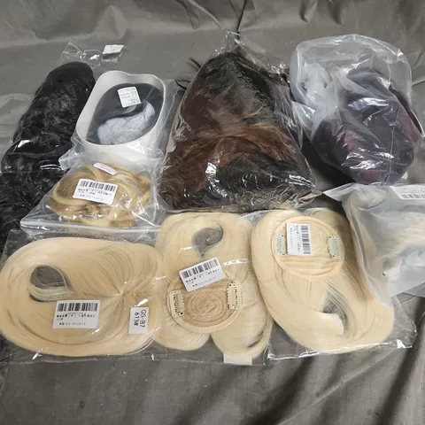 8 ASSORTED HAIR EXTENSIONS/WIGS IN VARIOUS COLOURS AND STYLES