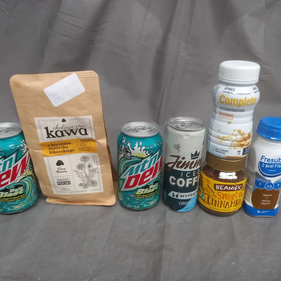 APPROXIMATELY 14 ASSORTED FOOD AND DRINK ITEMS TO INCLUDE MOUNTAIN DEW, ICED COFFEE, COFFEE AND GREEN OLIVES - COLLECTION ONLY