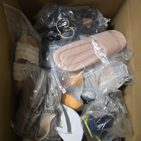 BOX OF APPROXIMATELY 12 PAIRS OF ASSORTED SHOES IN VARIOUS COLOUR, STYLES AND SIZES