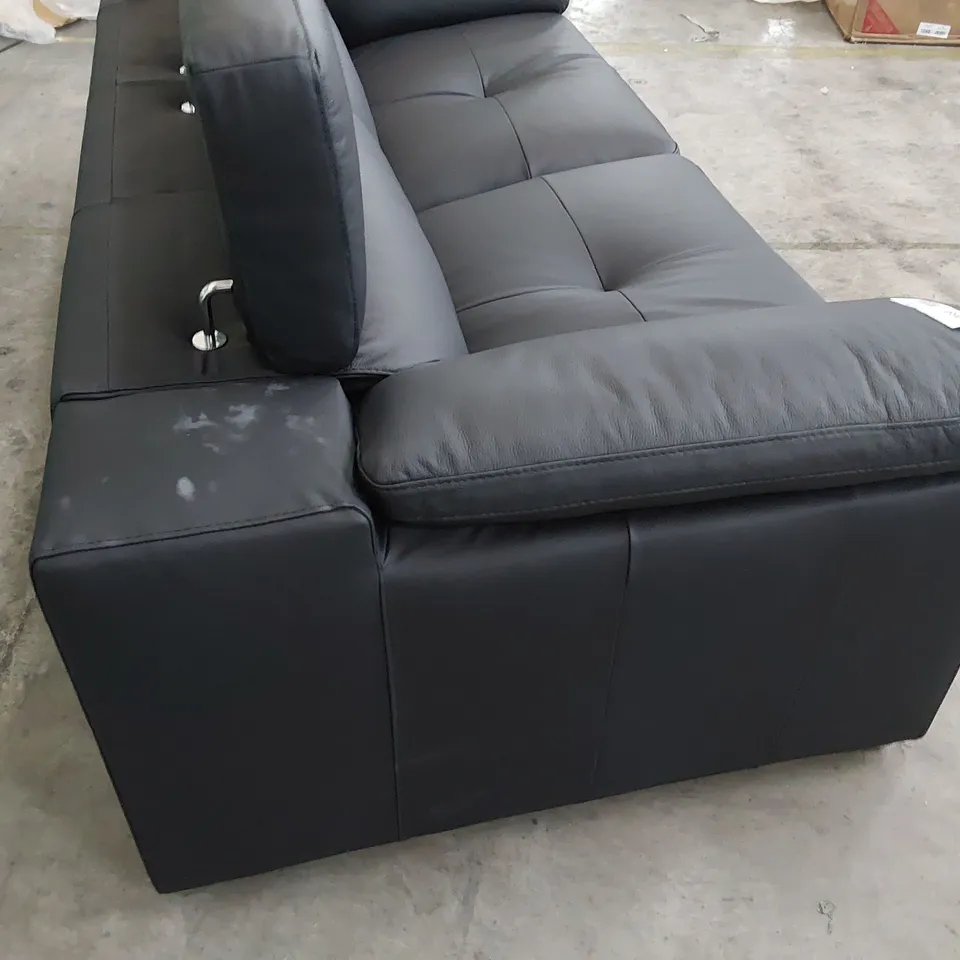 DESIGNER ITALIAN STYLE THREE SEATER SOFA WITH ADJUSTABLE HEADRESTS BLACK LEATHER 