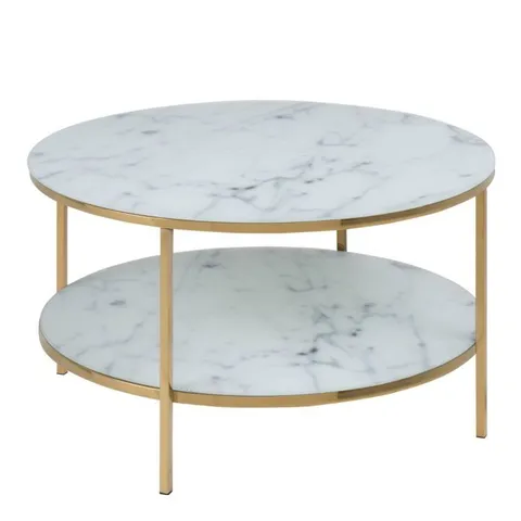 BOXED ALISMA ROUND COFFEE TABLE WITH WHITE CRYSTAL CLEAR MARBLE GLASS TOP & GOLD LEGS