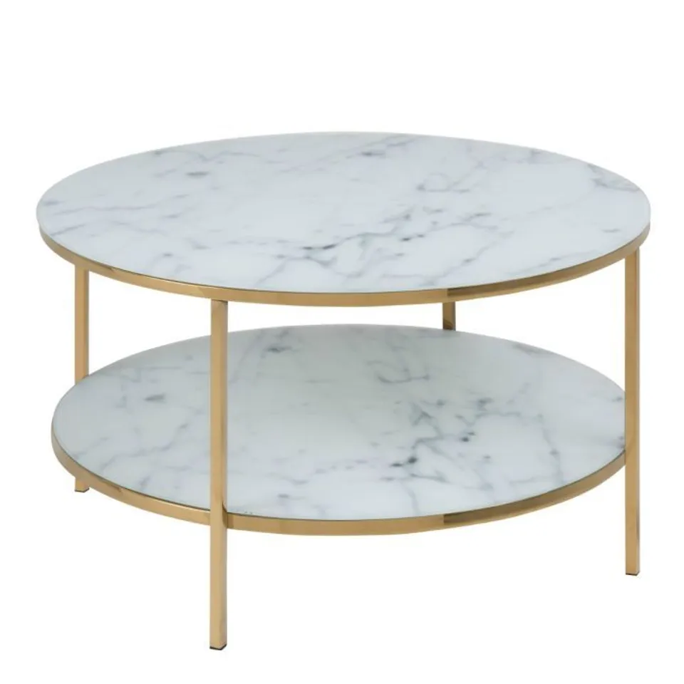 BOXED ALISMA ROUND COFFEE TABLE WITH WHITE CRYSTAL CLEAR MARBLE GLASS TOP & GOLD LEGS