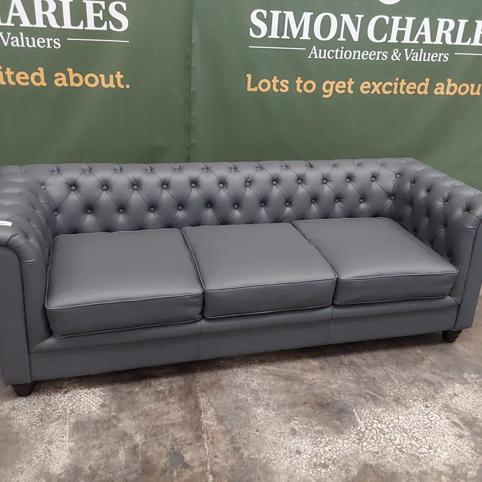 DESIGNER THREE SEATER CHESTERFIELD SOFA GREY LEATHER 