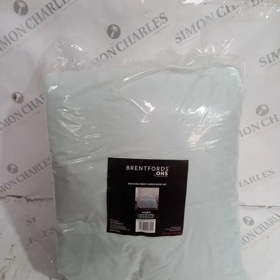 BRENTFORDS OHS DUCK EGG TEDDY FLEECE DUVET SET - DOUBLE SIZE