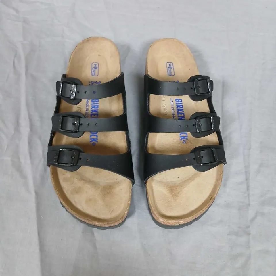 BIRKENSTOCK BLACK LEATHER THREE-STRAP SANDALS WITH CORK FOOTBED