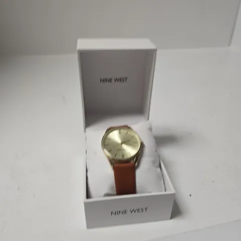 NINE WEST WOMEN'S GOLD-TONE WATCH WITH BROWN LEATHER STRAP