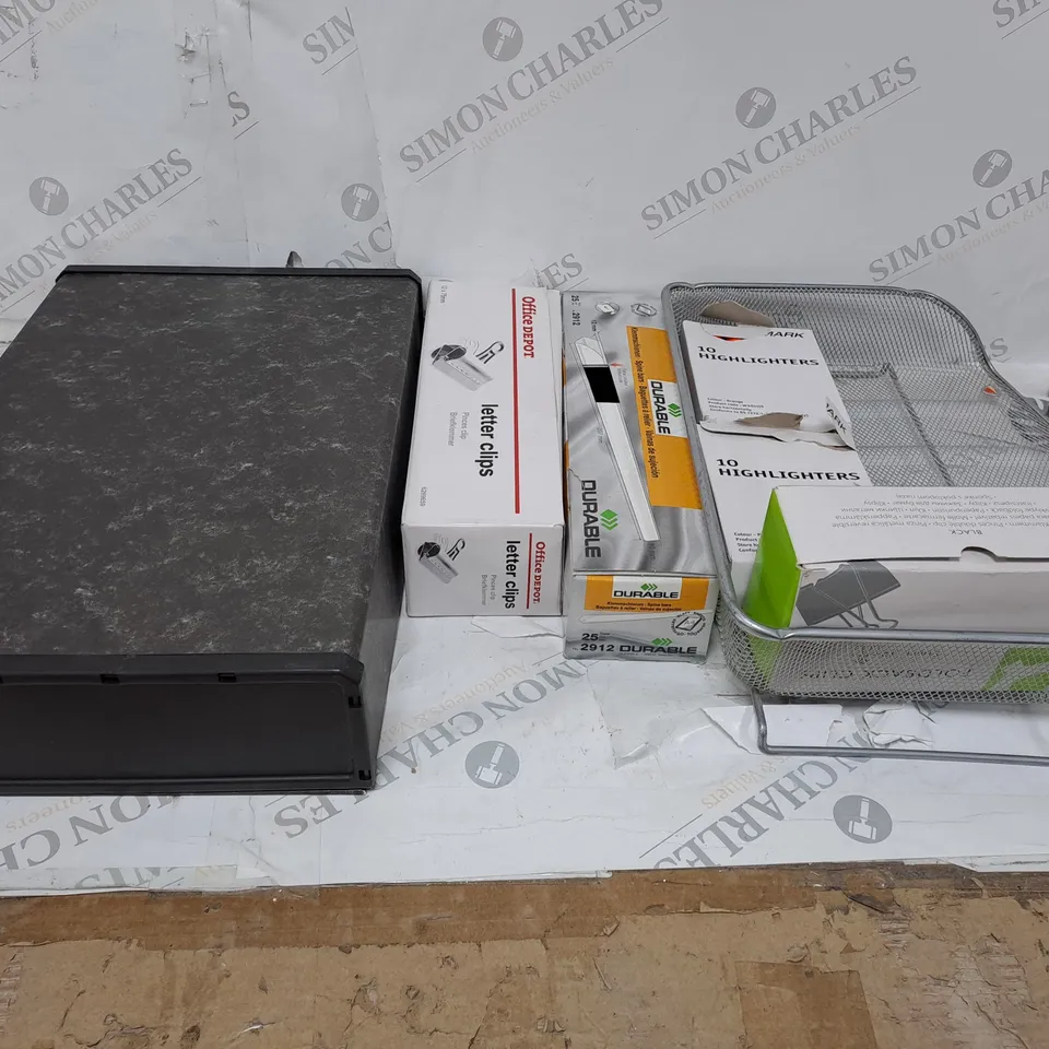 LARGE BOX OF ASSORTED OFFICE EQUIPMENT TOO INCLUDE STORAGE CONTAINERS , CLIPS AND CLIPBOARDS 