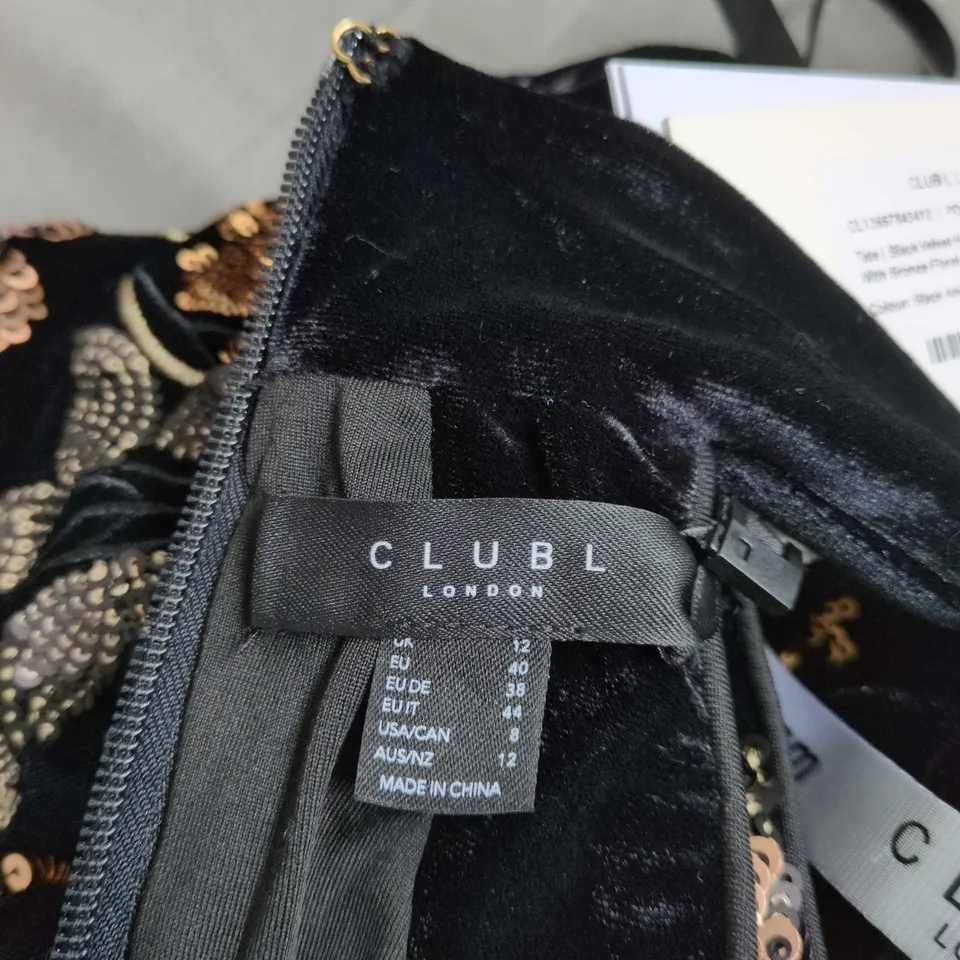 CLUB LONDON VELVET HALTERNECK MAXI DRESS – BLACK WITH BRONZE FLORAL SEQUINS (UK 12)