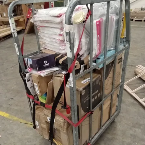 CAGE OF ASSORTED HOUSEHOLD GOODS AND PRODUCTS TO INCLUDE; BATTERIES, FITNESS STEPPER, FACE SHIELDS ETC - CAGE NOT INCLUDED