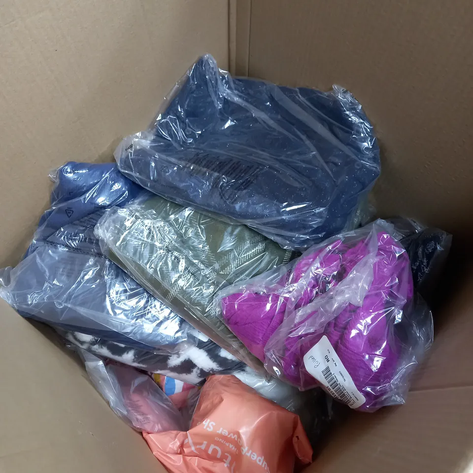 BOX OF ASSORTED CLOTHING ITEMS TOO INCLUDE TOPS , JUMPERS, AND PANTS ETC. 