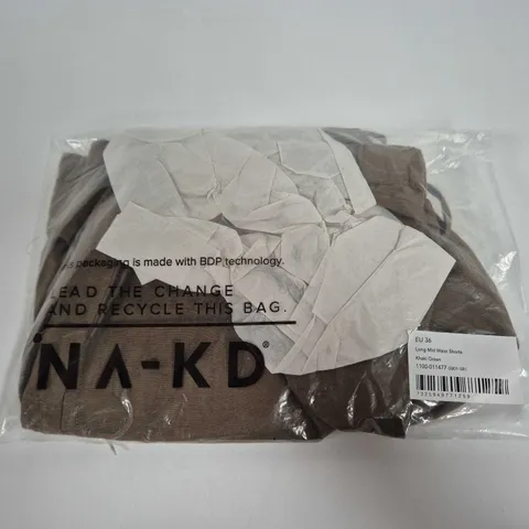 NA-KD KHAKI GREEN LONG MID-WAIST SHORTS, EU 36 (UK 8) – SEALED PACKAGING