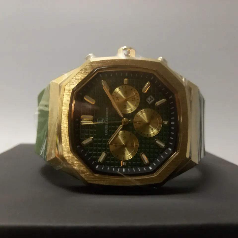 MENS LOUIS LACOMBE CHRONGRAPH WATCH – 3 SUB DIALS – GOLD COLOUR CASE – GREEN RUBBER STRAP