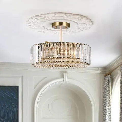 BOXED ORILLIAH 15.74 IN. 4-LIGHT CONTEMPORARY DRUM GOLD SEMI FLUSH MOUNT CEILING LIGHT WITH CRYSTAL SHADE (1 BOX)
