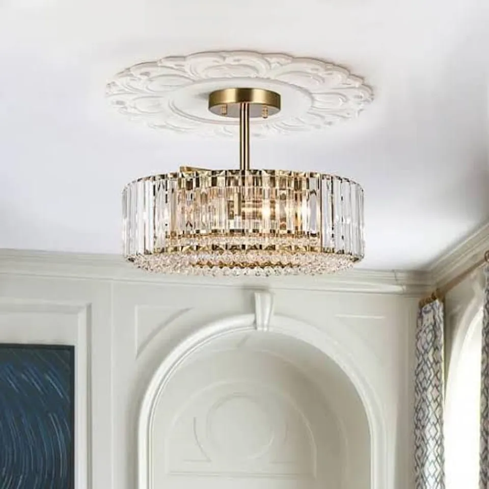 BOXED ORILLIAH 15.74 IN. 4-LIGHT CONTEMPORARY DRUM GOLD SEMI FLUSH MOUNT CEILING LIGHT WITH CRYSTAL SHADE (1 BOX)