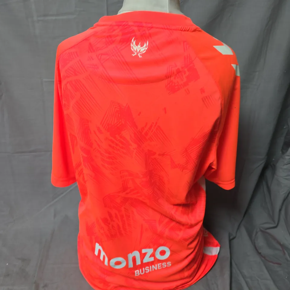 COVENTRY CITY FC AWAY FOOTBALL SHIRT – HUMMEL, HOT CORAL/WHITE, SIZE L, SIGNED