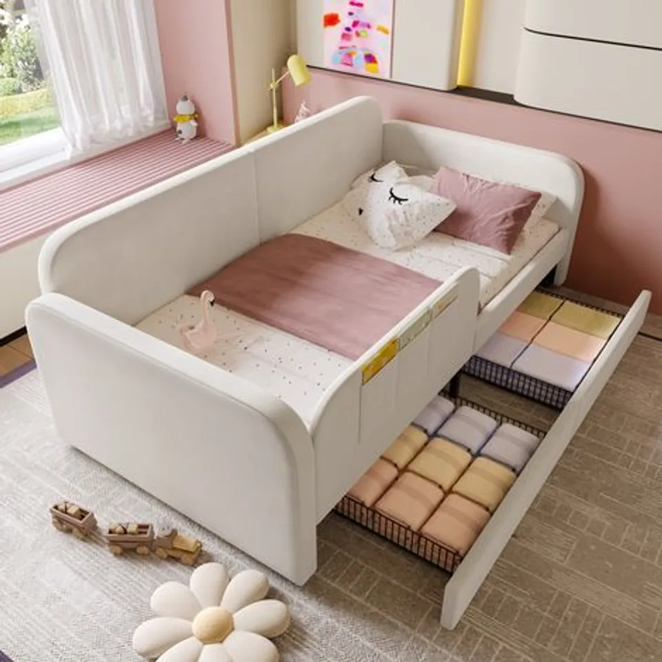 BOXED EASY COMBINATION CHILDREN'S BED, UPHOLSTERED BED, DAYBED, SOFA BED WITH METAL BED FRAME, 3 SMALL STORAGE POCKETS, 2 DRAWERS ON CASTERS (2BOXES)